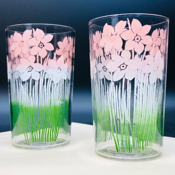 Mid Century Pastel Pink to Green Ombre Daffodils SET of 6 Water Juice Glass - Picture 3 of 9